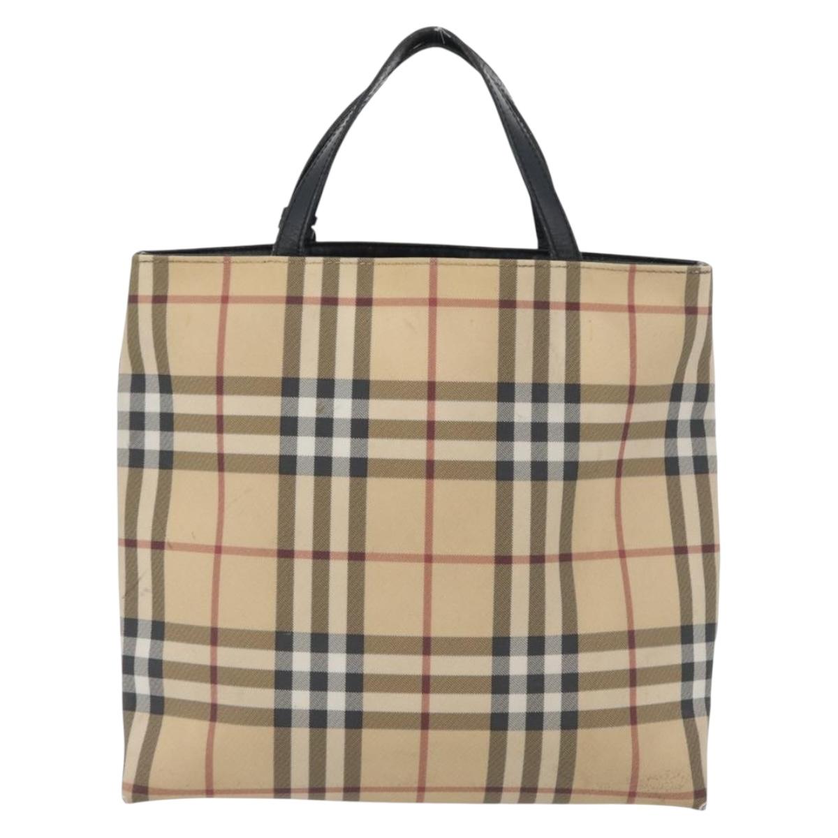 BURBERRY Nova Check Hand Bag PVC Beige Silver Auth 170920