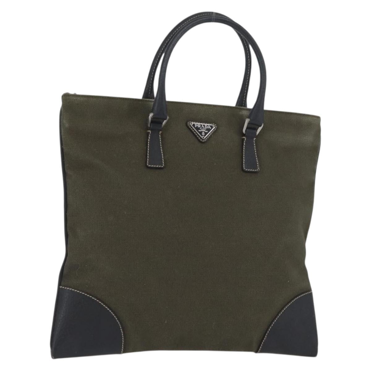 PRADA Hand Bag Canvas Leather Khaki Silver Auth 170921