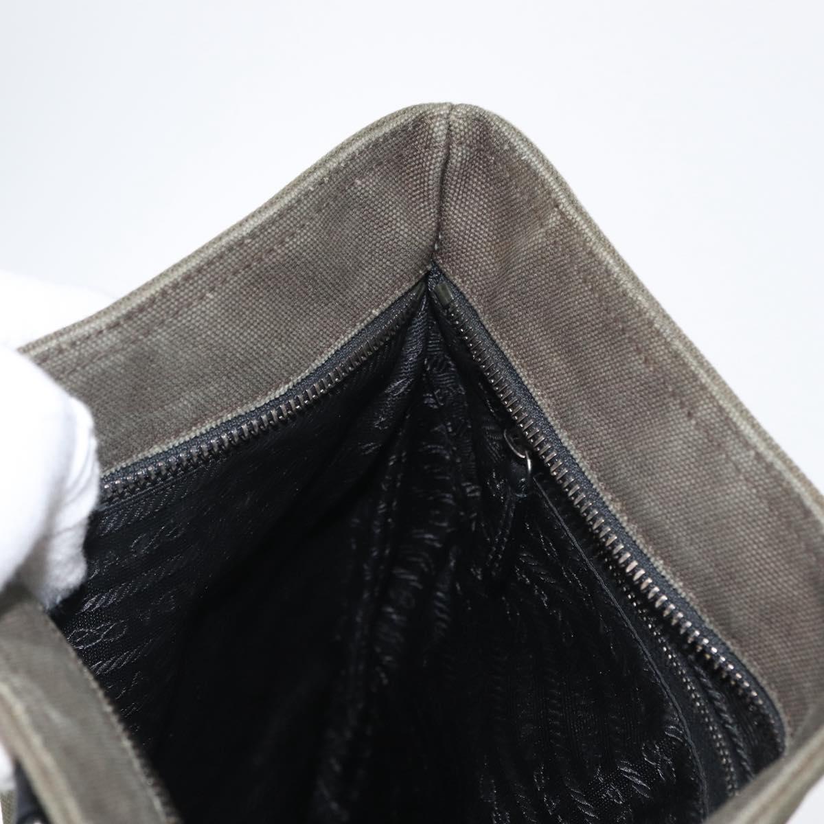 PRADA Hand Bag Canvas Leather Khaki Silver Auth 170921