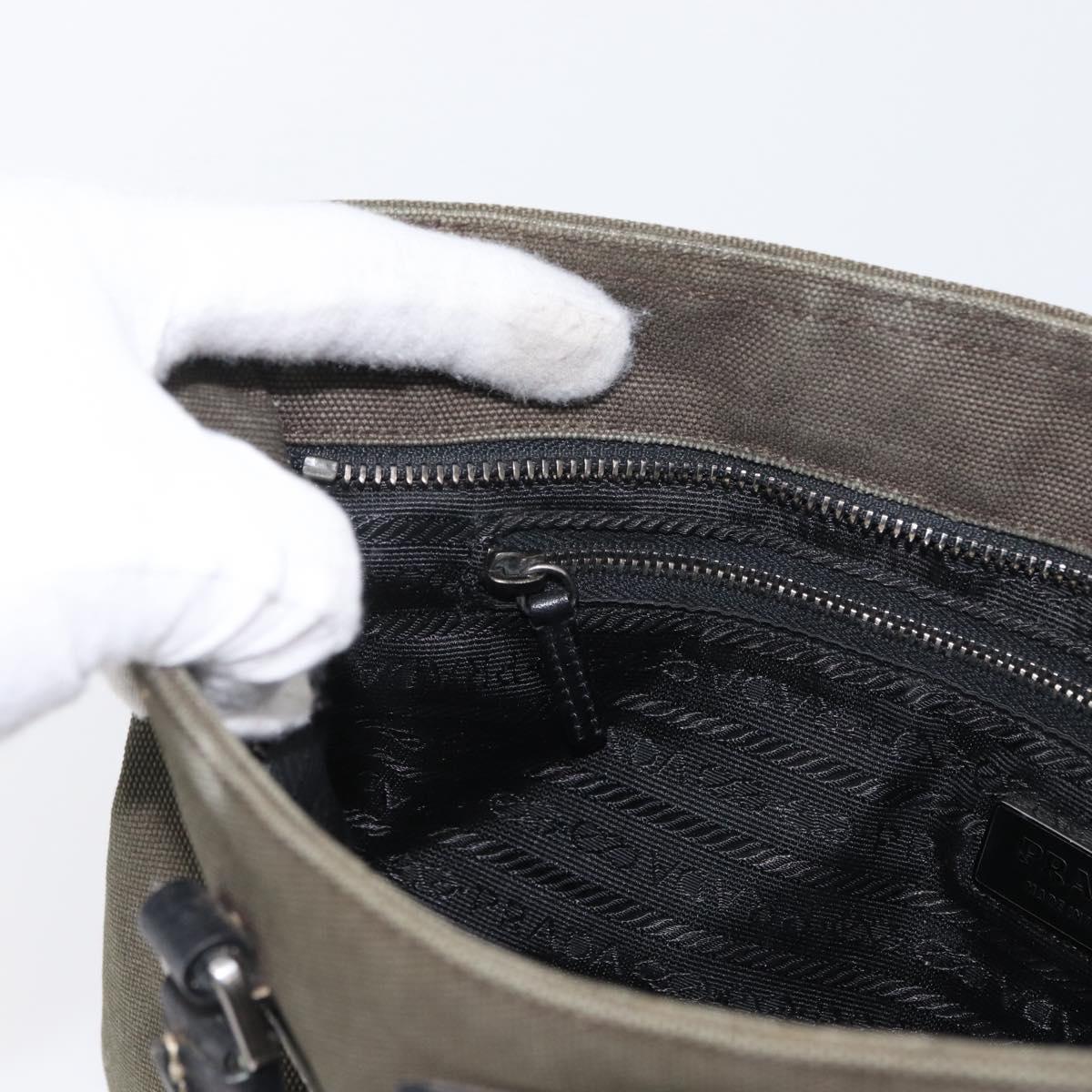 PRADA Hand Bag Canvas Leather Khaki Silver Auth 170921