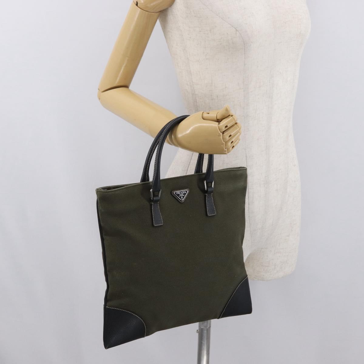 PRADA Hand Bag Canvas Leather Khaki Silver Auth 170921