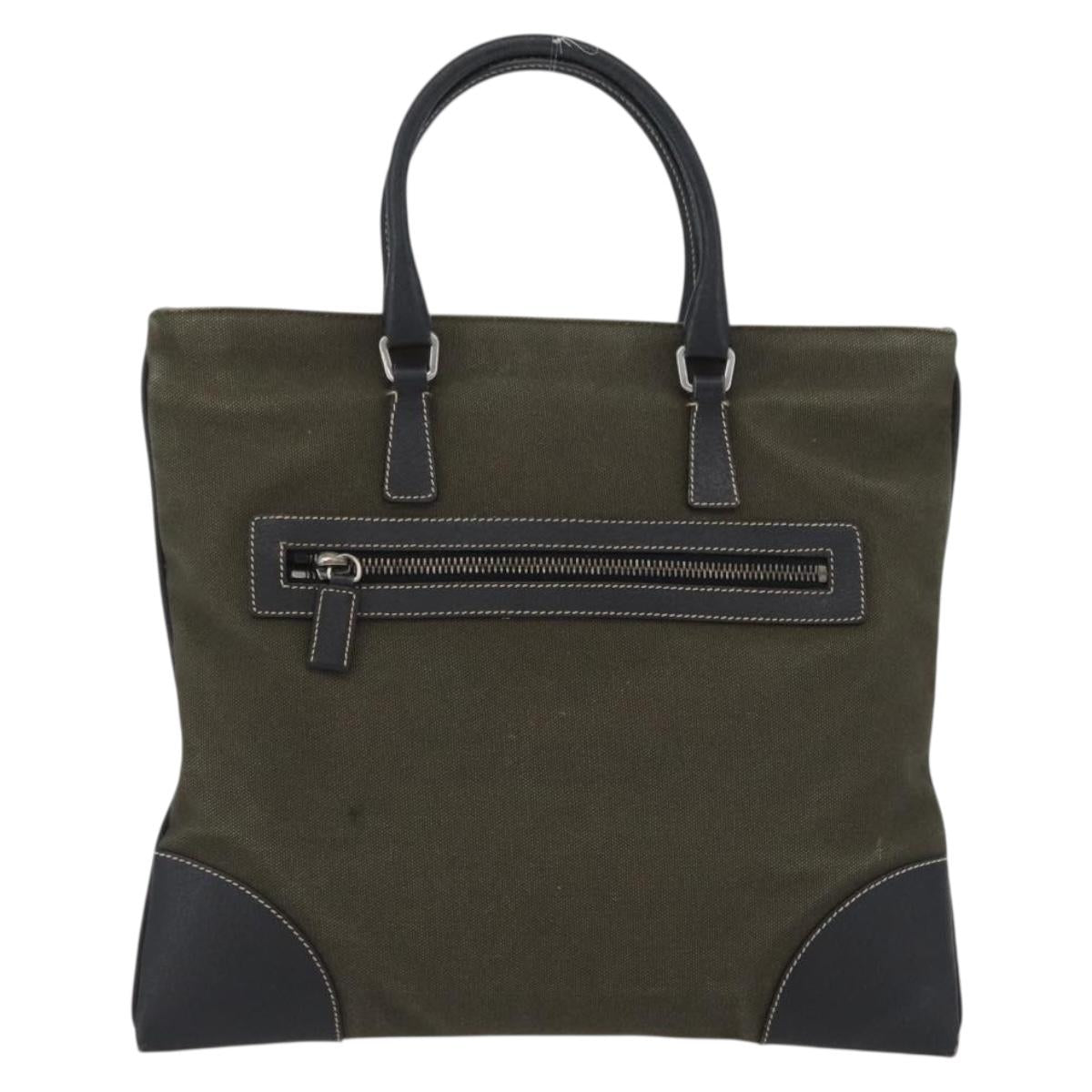 PRADA Hand Bag Canvas Leather Khaki Silver Auth 170921