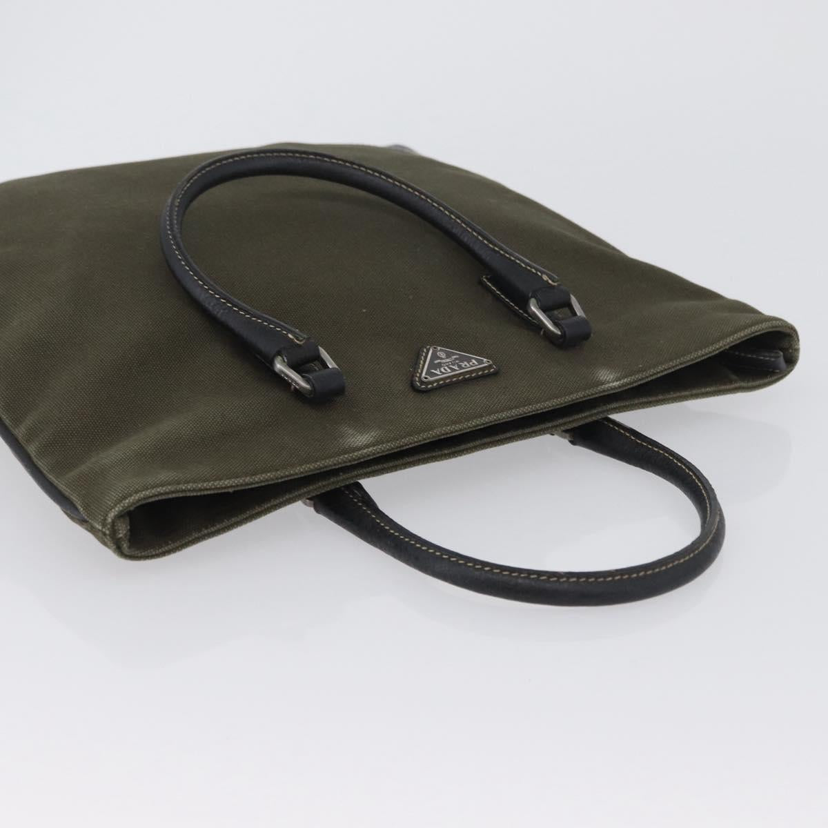 PRADA Hand Bag Canvas Leather Khaki Silver Auth 170921