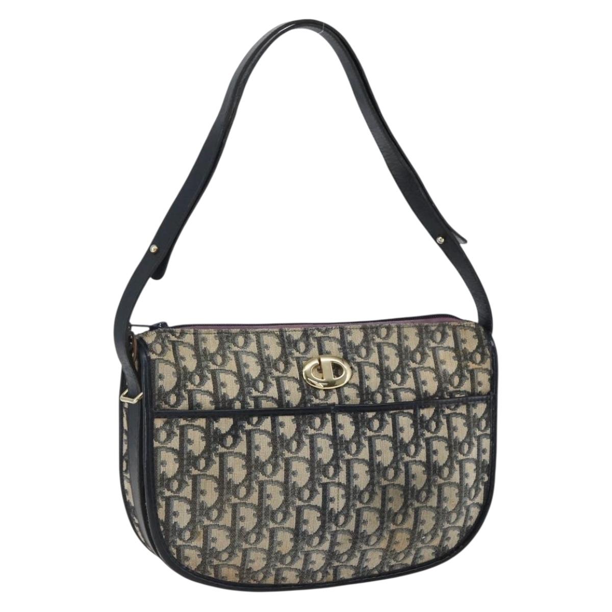 Christian Dior Trotter Canvas Shoulder Bag Navy Gold Auth 170926