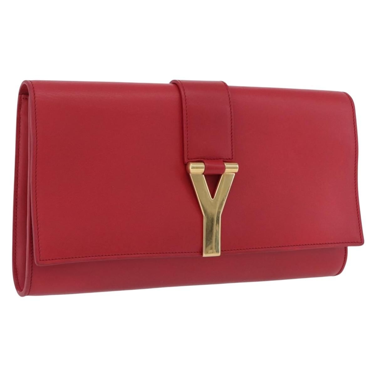 SAINT LAURENT Y Line Clutch Bag Leather Red Gold 311213 Auth 170930