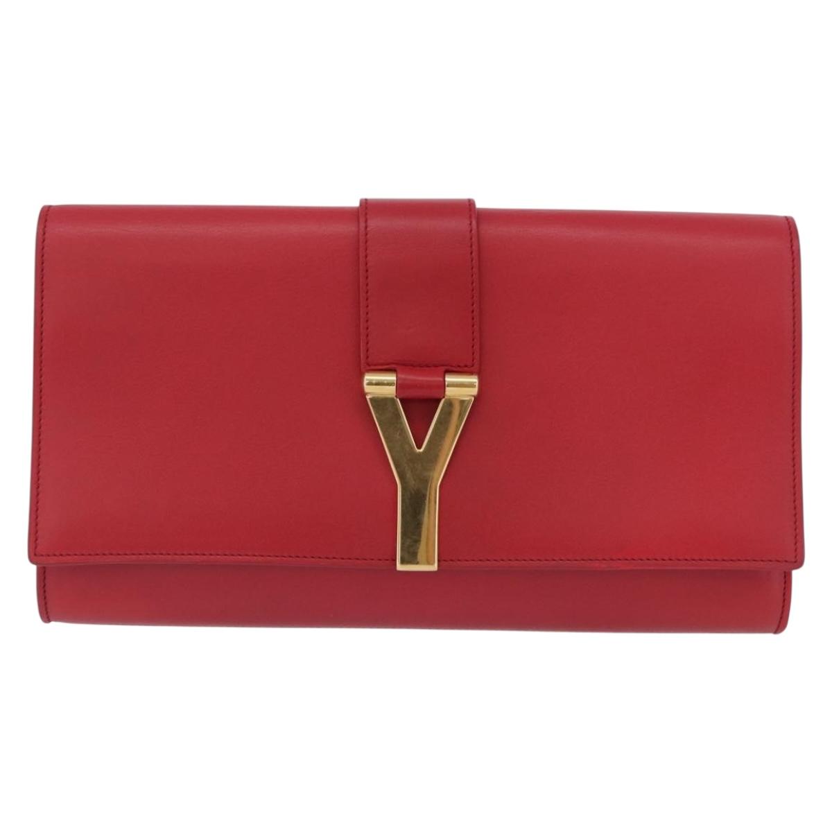 SAINT LAURENT Y Line Clutch Bag Leather Red Gold 311213 Auth 170930