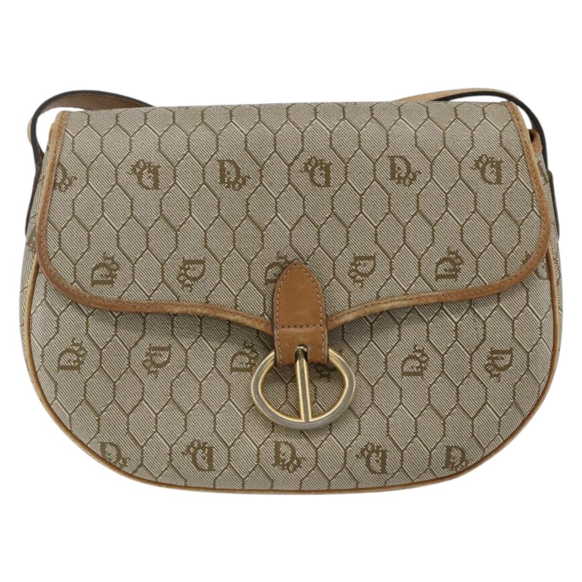 Christian Dior Honeycomb Canvas Shoulder Bag PVC Beige Gold Auth 170932