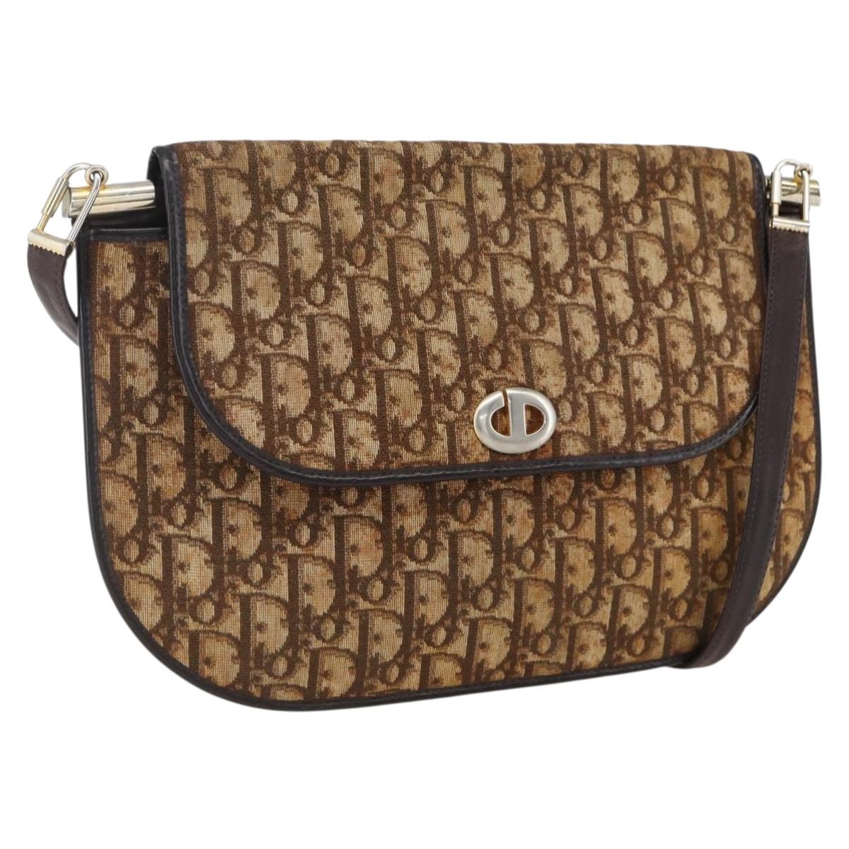 Christian Dior Trotter Canvas Shoulder Bag Beige Gold Auth 170939