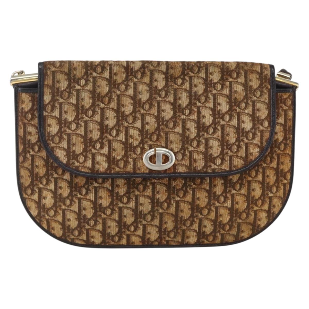 Christian Dior Trotter Canvas Shoulder Bag Beige Gold Auth 170939