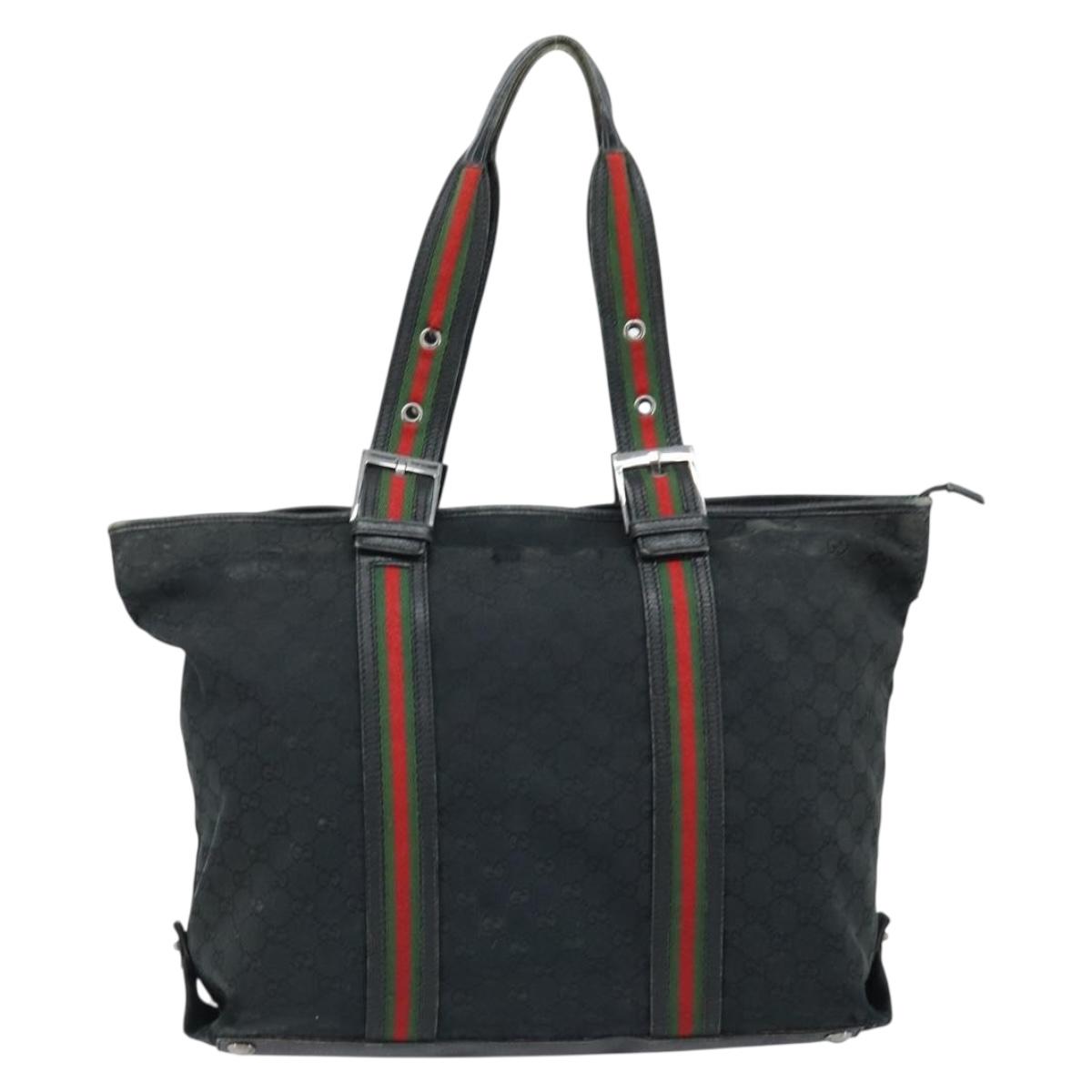 GUCCI GG Canvas Web Sherry Line Tote Bag Black 132898 Auth 170944