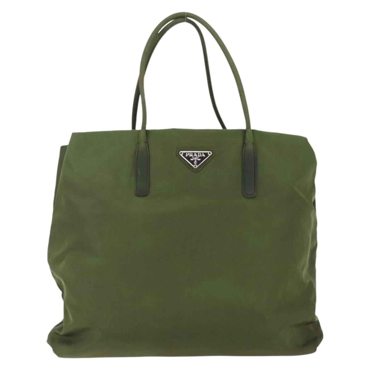 PRADA Tote Bag Nylon Khaki Silver Auth 170968