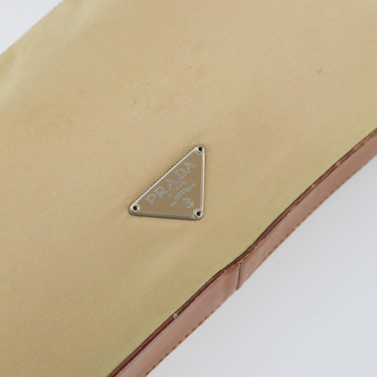 PRADA Hand Pouch Nylon Leather Beige Silver Auth 171021