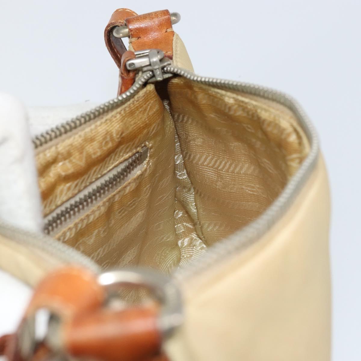 PRADA Hand Pouch Nylon Leather Beige Silver Auth 171021
