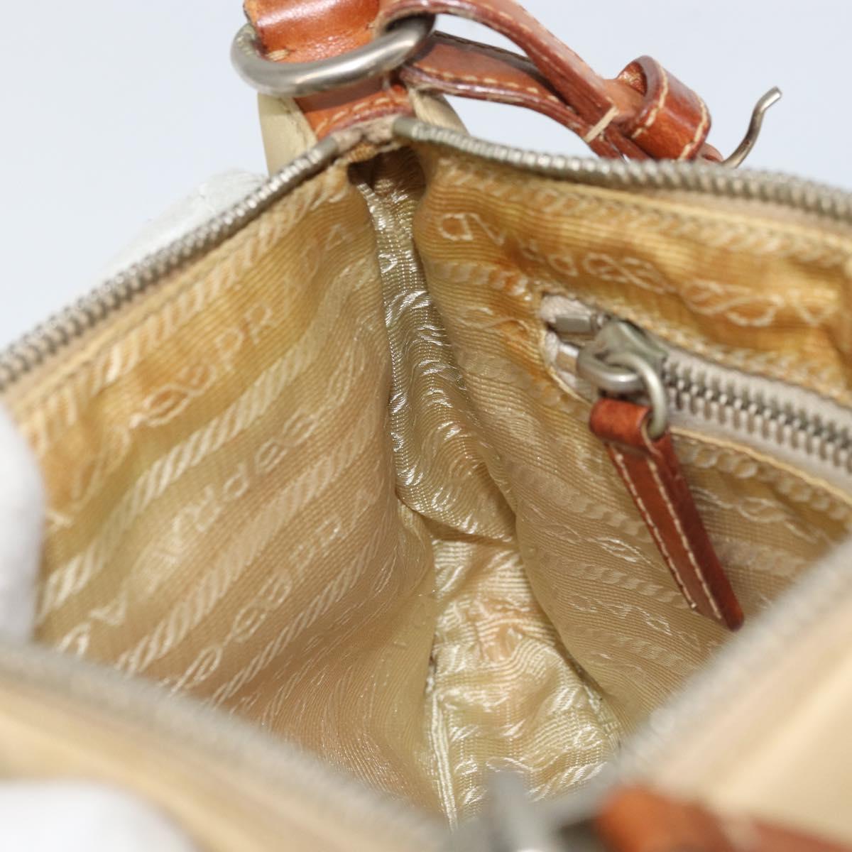 PRADA Hand Pouch Nylon Leather Beige Silver Auth 171021