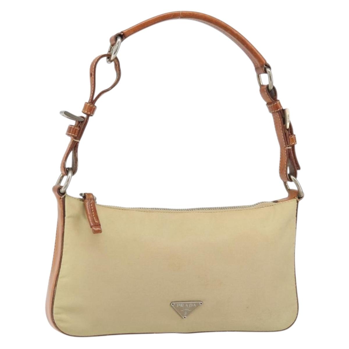 PRADA Hand Pouch Nylon Leather Beige Silver Auth 171021