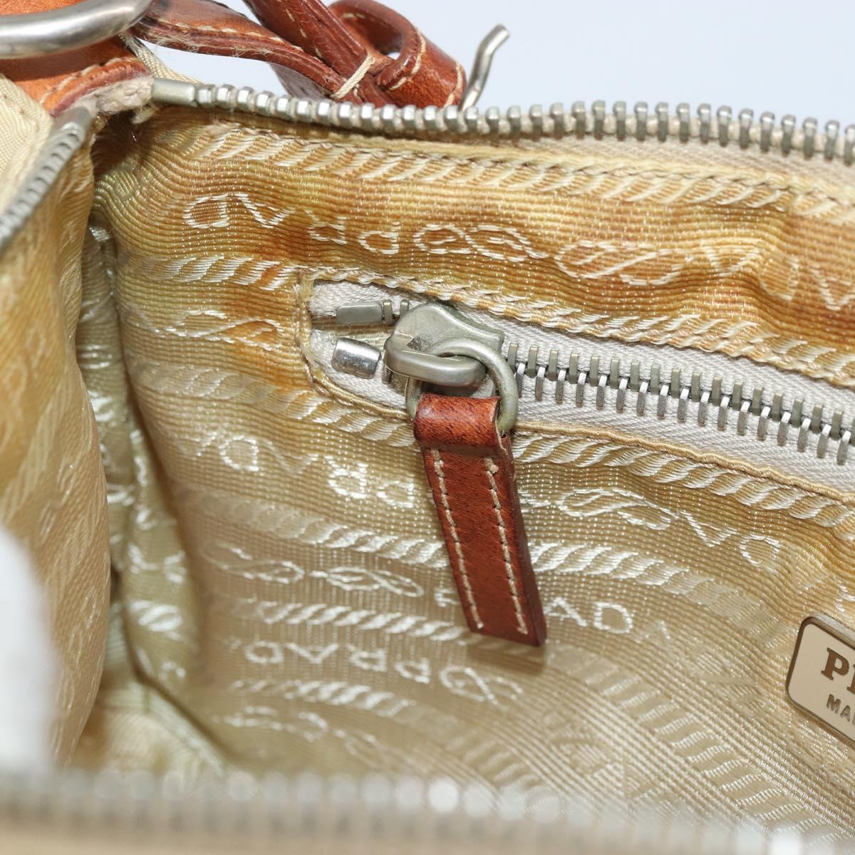 PRADA Hand Pouch Nylon Leather Beige Silver Auth 171021