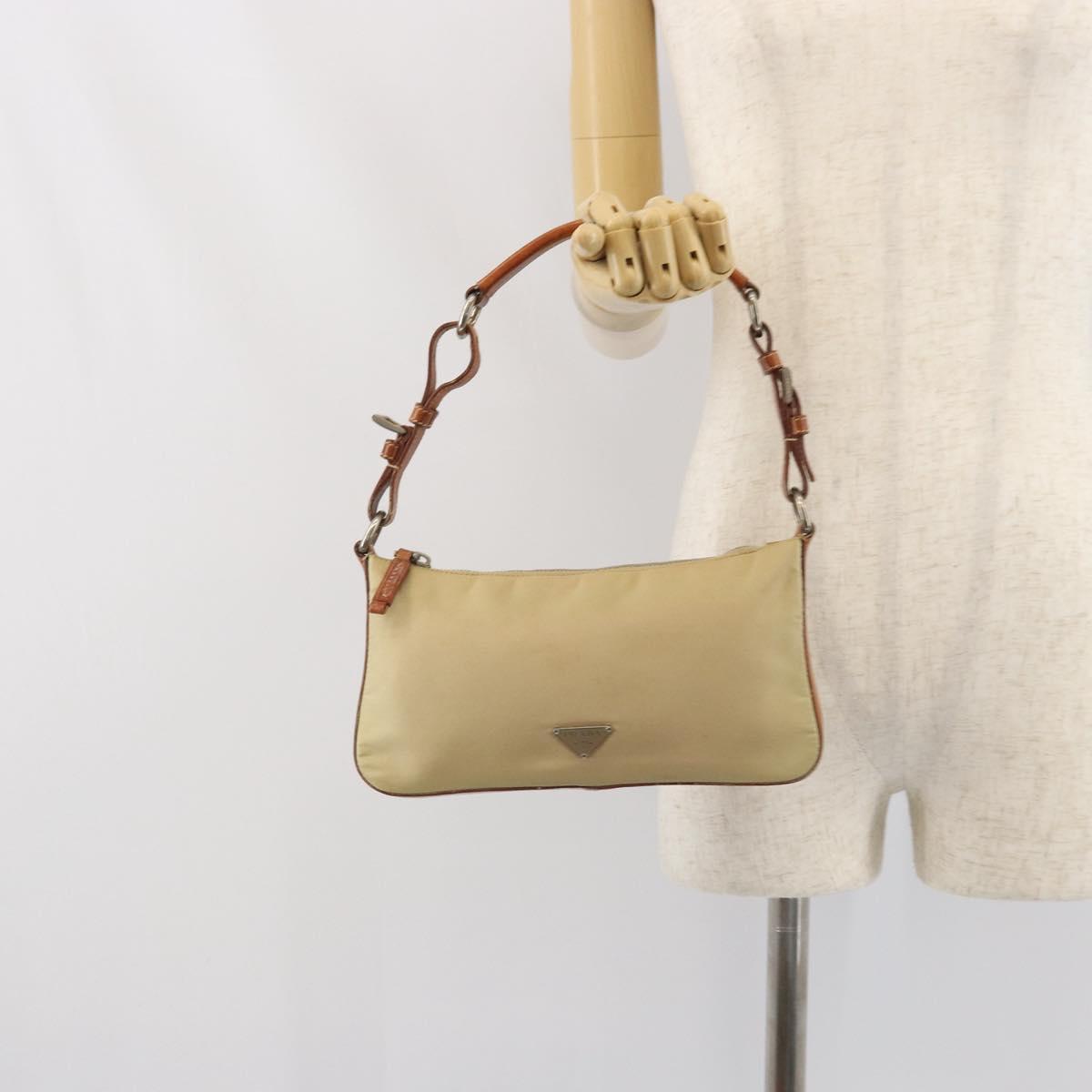 PRADA Hand Pouch Nylon Leather Beige Silver Auth 171021
