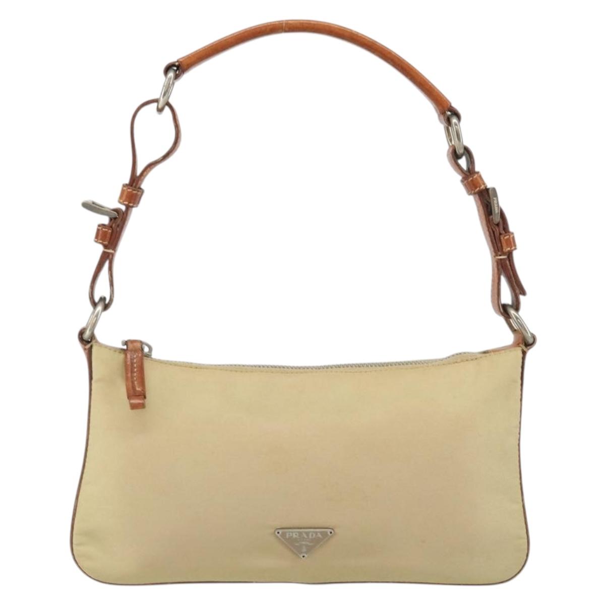 PRADA Hand Pouch Nylon Leather Beige Silver Auth 171021