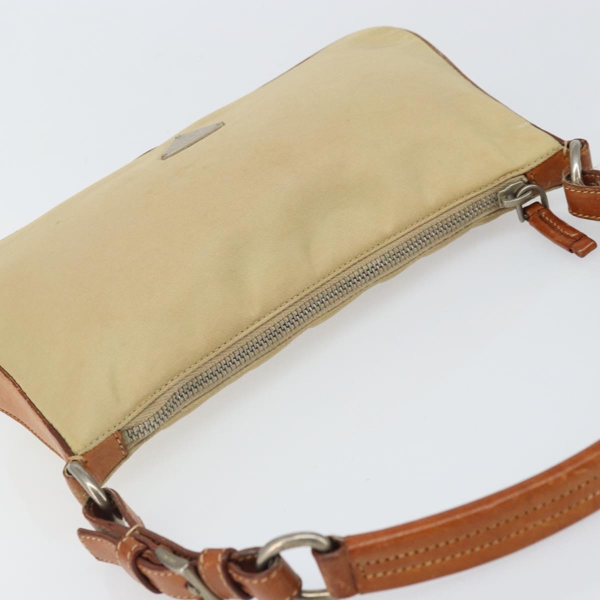 PRADA Hand Pouch Nylon Leather Beige Silver Auth 171021
