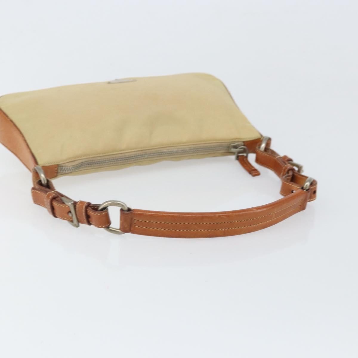 PRADA Hand Pouch Nylon Leather Beige Silver Auth 171021