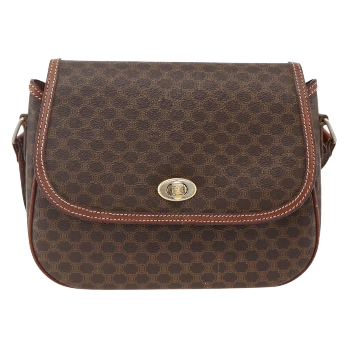 CELINE Macadam Canvas Shoulder Bag PVC Leather Brown Gold Auth 171040