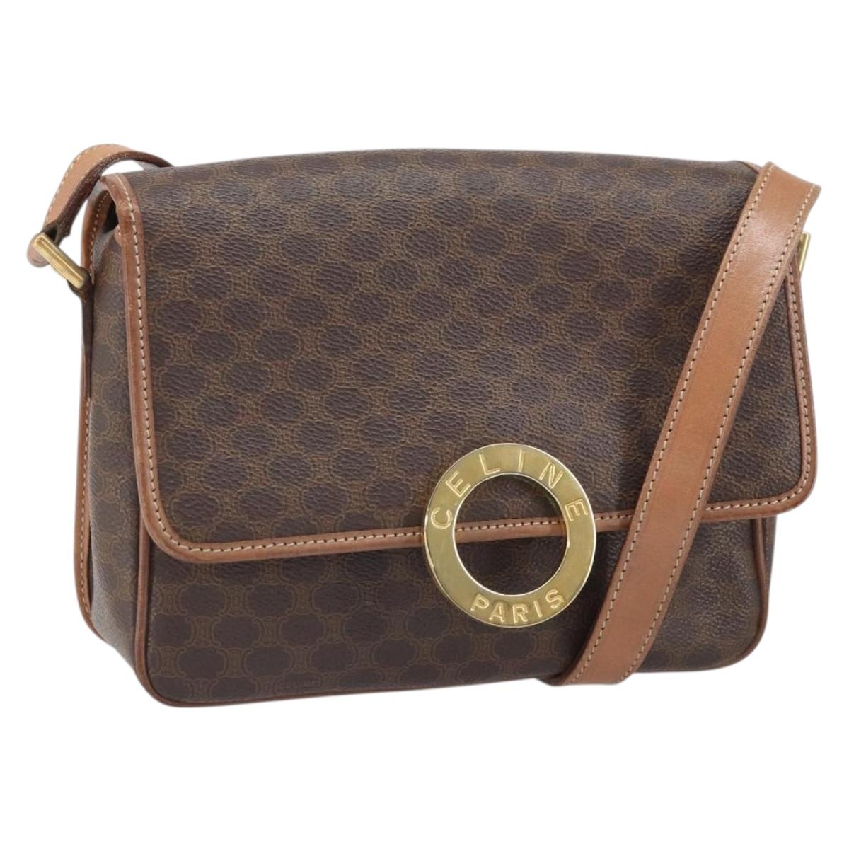 CELINE Macadam Canvas Circle Shoulder Bag PVC Leather Brown Gold Auth 171041