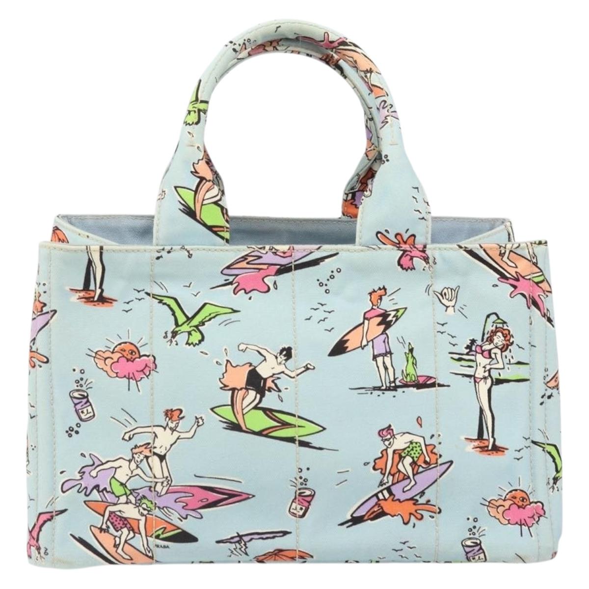 PRADA Canapa MM Hand Bag Canvas Light Blue Gold Auth 171056