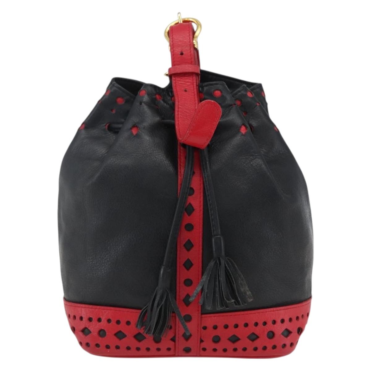 SAINT LAURENT Shoulder Bag Leather Black Red gold Auth 171068V