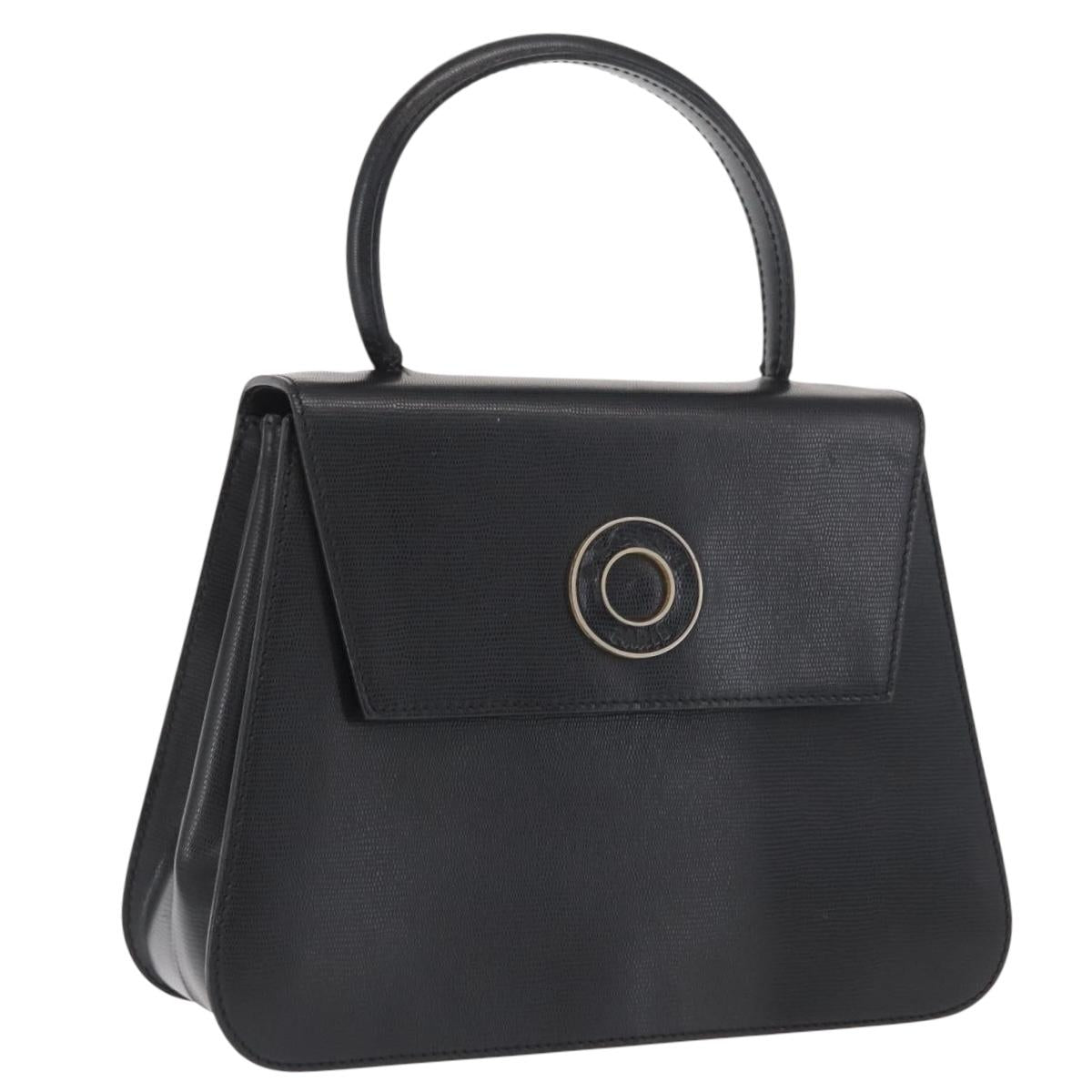 CELINE Circle Hand Bag Leather Black Gold Auth 171070