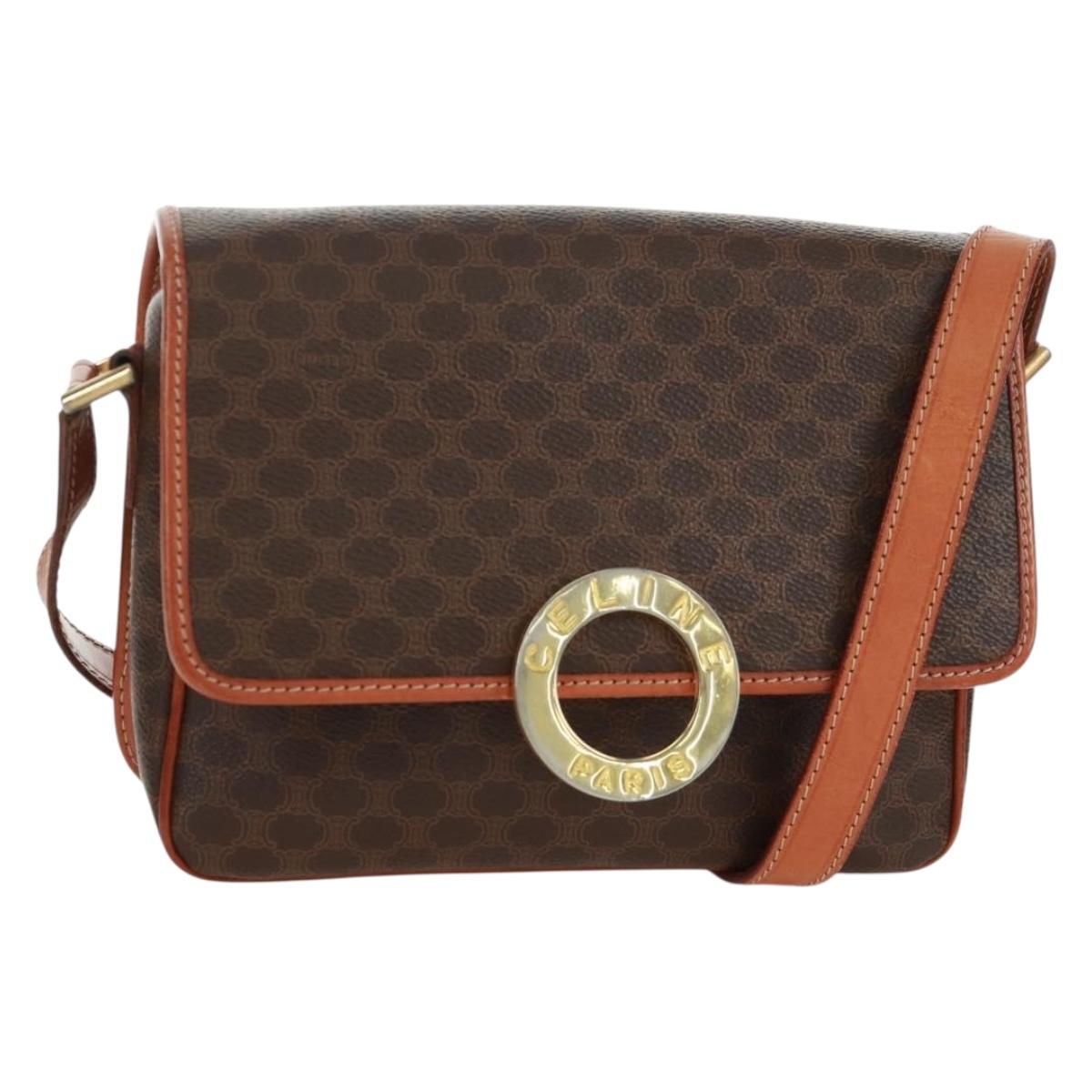 CELINE Macadam Canvas Circle Shoulder Bag PVC Leather Brown Gold Auth 171071A