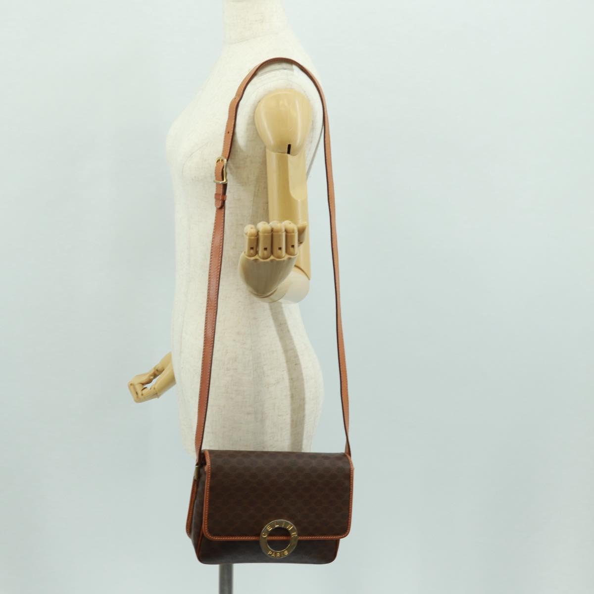 CELINE Macadam Canvas Circle Shoulder Bag PVC Leather Brown Gold Auth 171071A