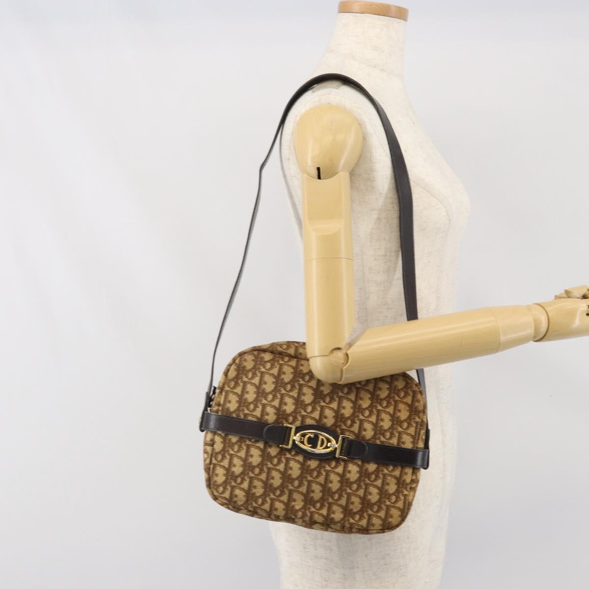 Christian Dior Trotter Canvas Shoulder Bag Brown Gold Auth 171073