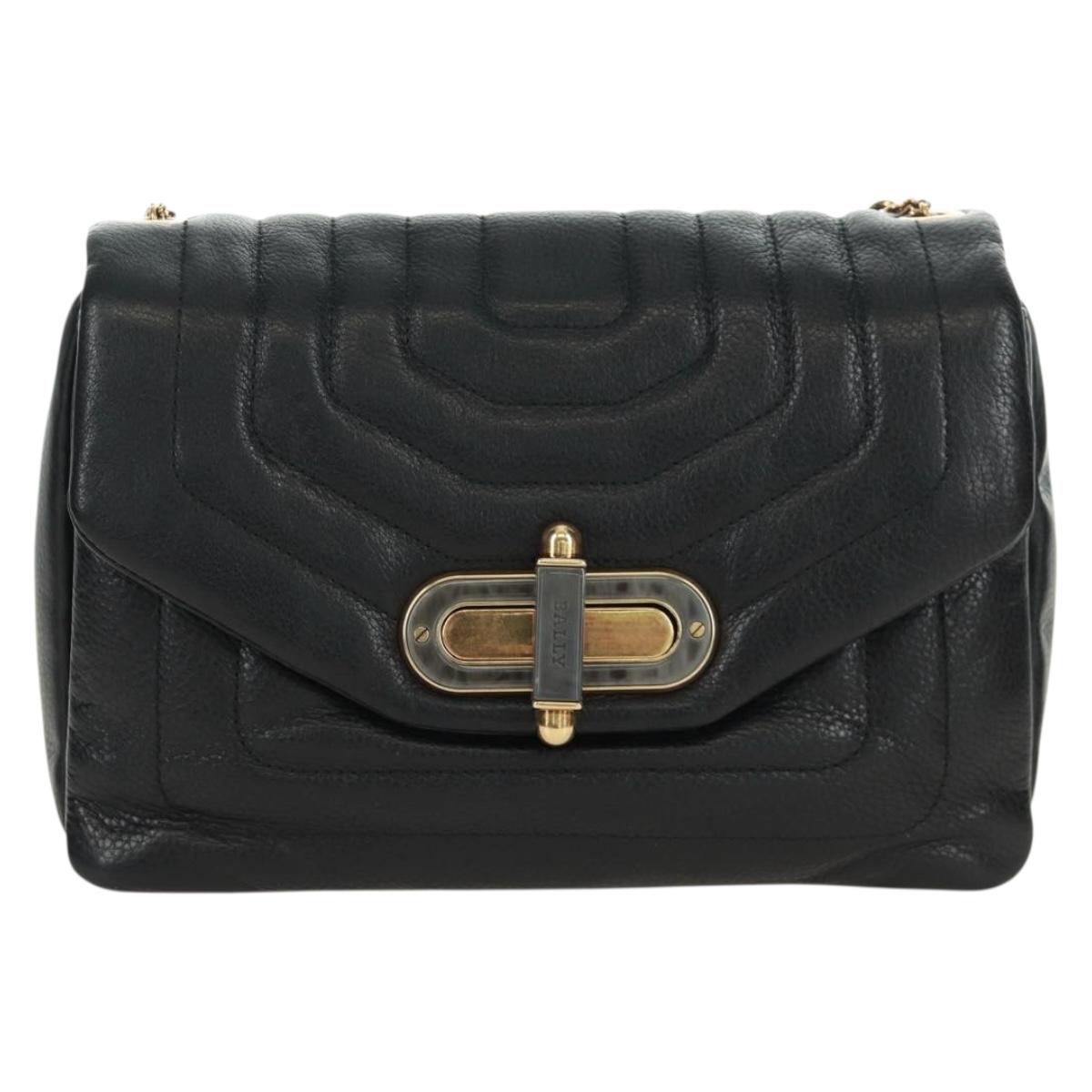 BALLY Chain Shoulder Bag Leather Black Gold Auth 171094V