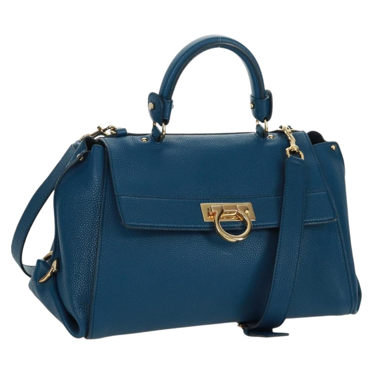 Salvatore Ferragamo Gancini Sofia Hand Bag Leather 2way Blue Gold Auth 171096A