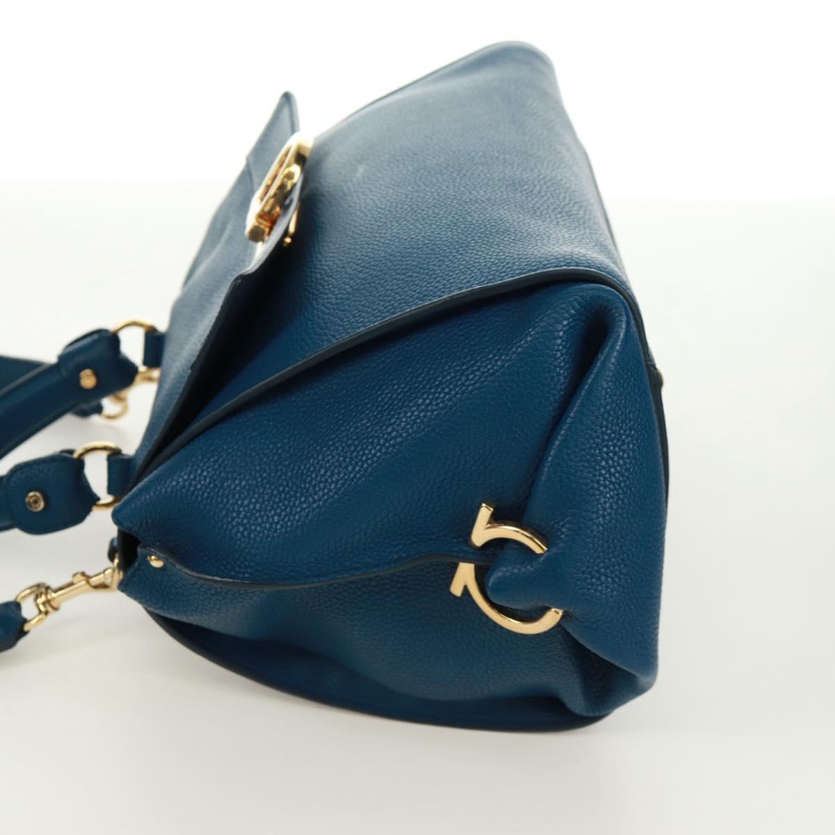 Salvatore Ferragamo Gancini Sofia Hand Bag Leather 2way Blue Gold Auth 171096A