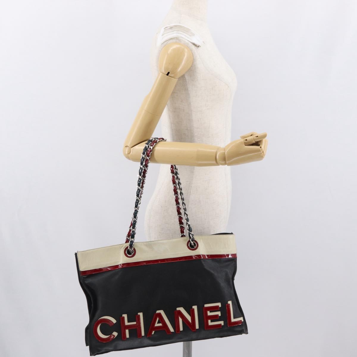 CHANEL Chain Tote Bag Leather Black Silver CC Auth 171101