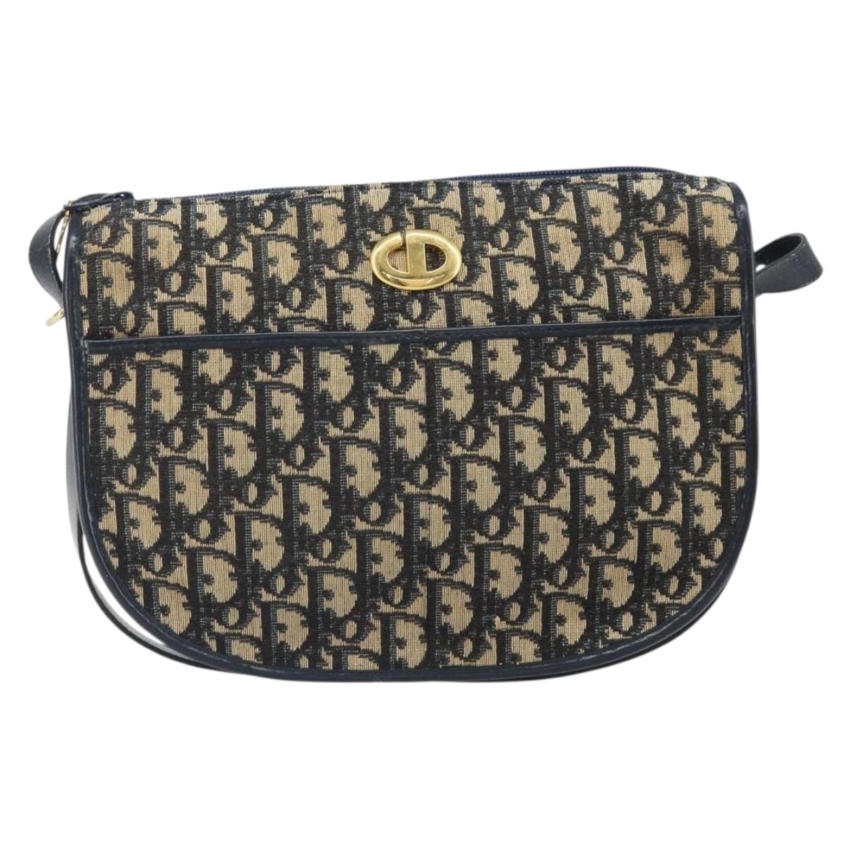 Christian Dior Trotter Canvas Shoulder Bag Navy Gold Auth 171117