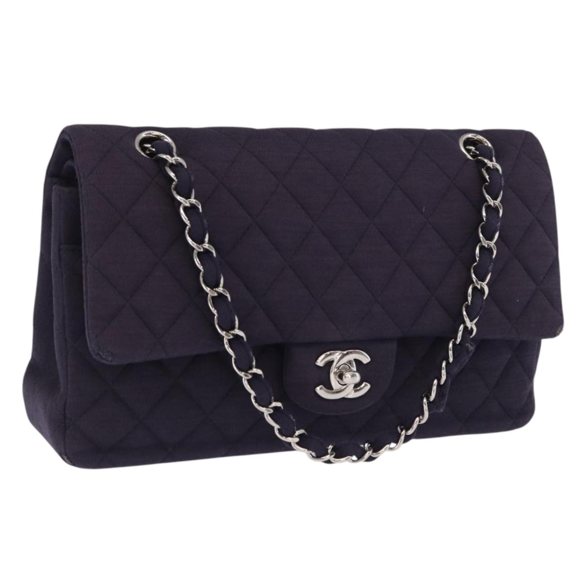 CHANEL Double Flap Matelasse Chain Bag Cotton Purple Silver CC Auth 171158