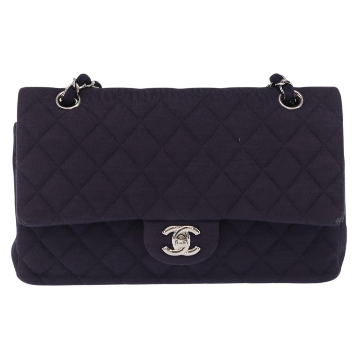 CHANEL Double Flap Matelasse Chain Bag Cotton Purple Silver CC Auth 171158