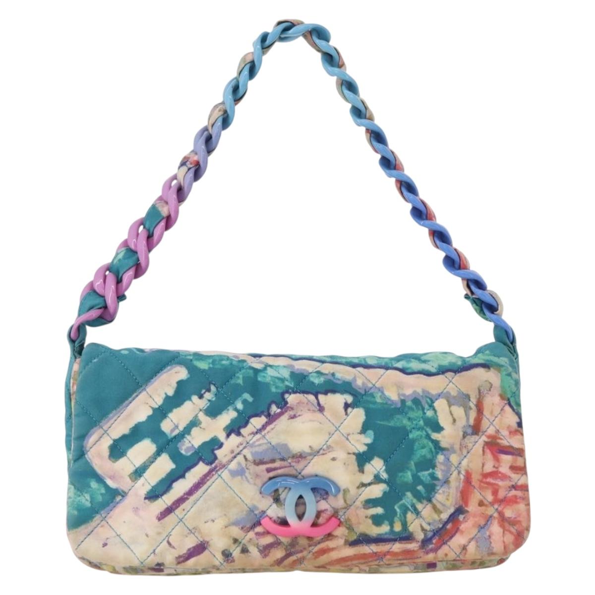 CHANEL Plastic Chain Matelasse Bag Canvas Turquoise Blue CC Auth 171165SAV