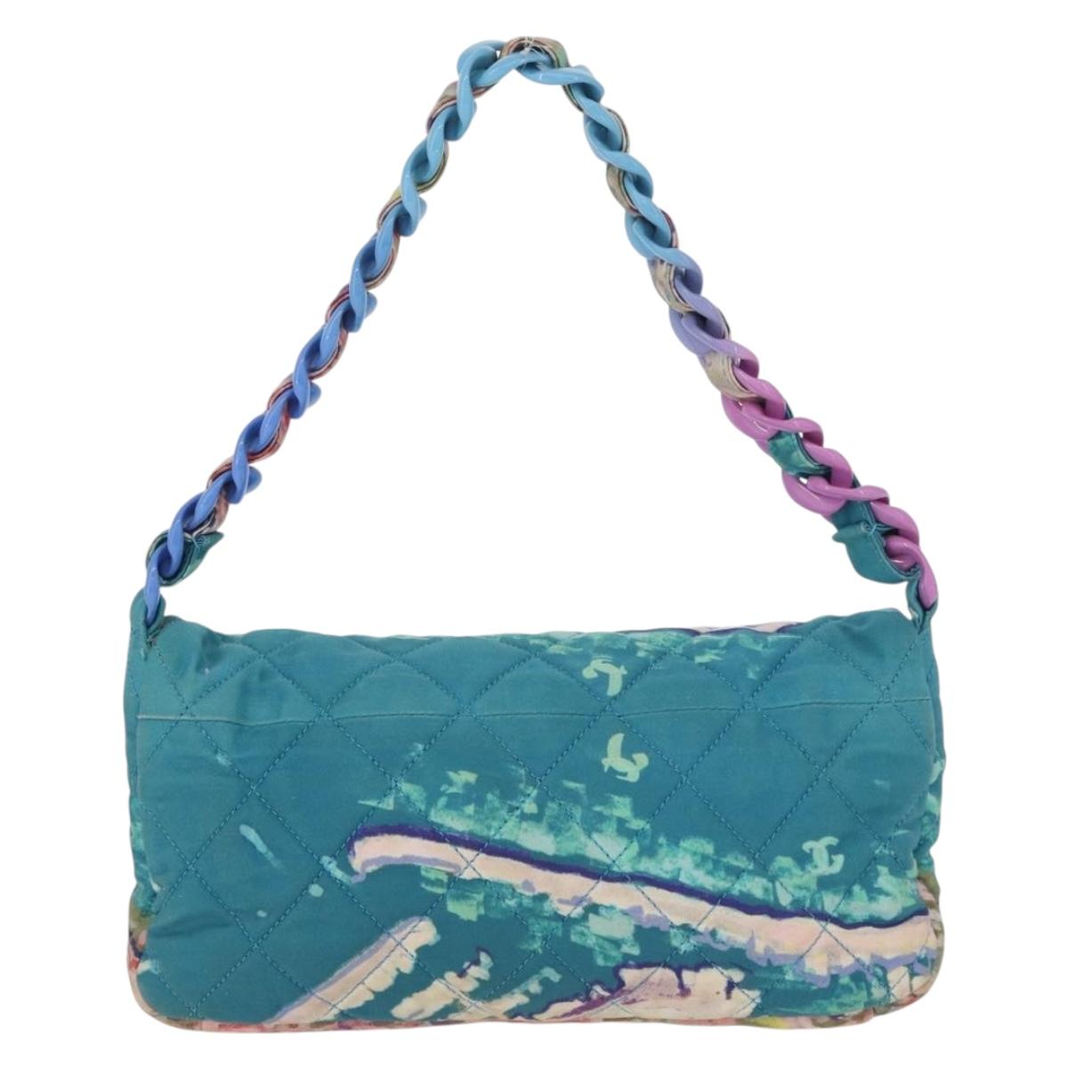 CHANEL Plastic Chain Matelasse Bag Canvas Turquoise Blue CC Auth 171165SAV
