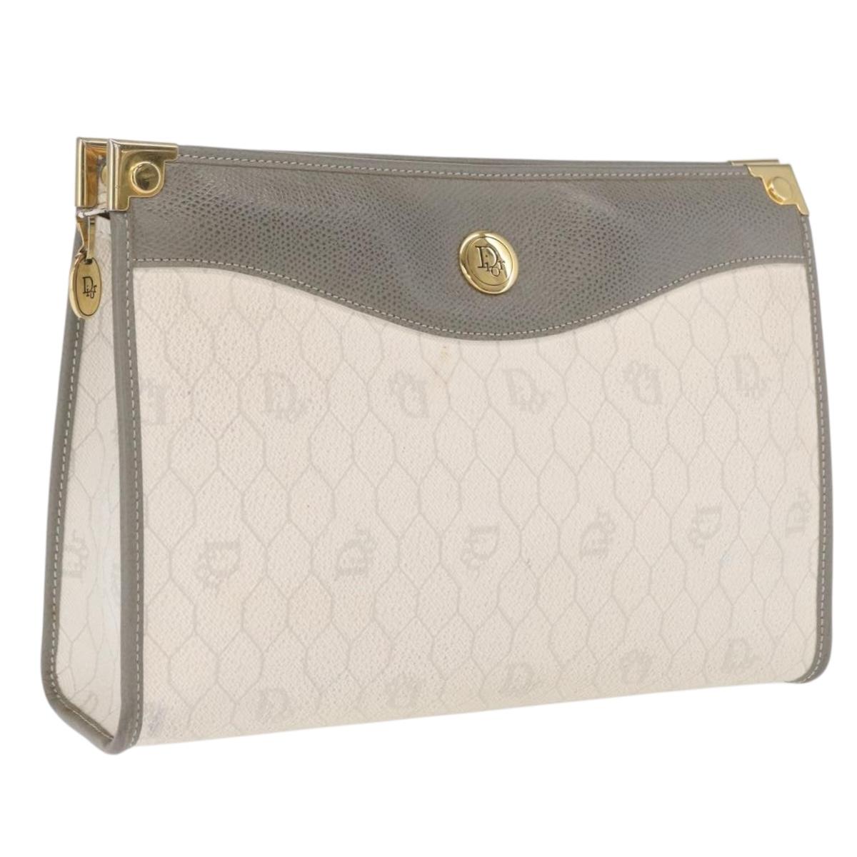 Christian Dior Honeycomb Canvas Clutch Bag PVC Leather White Gold Auth 171167