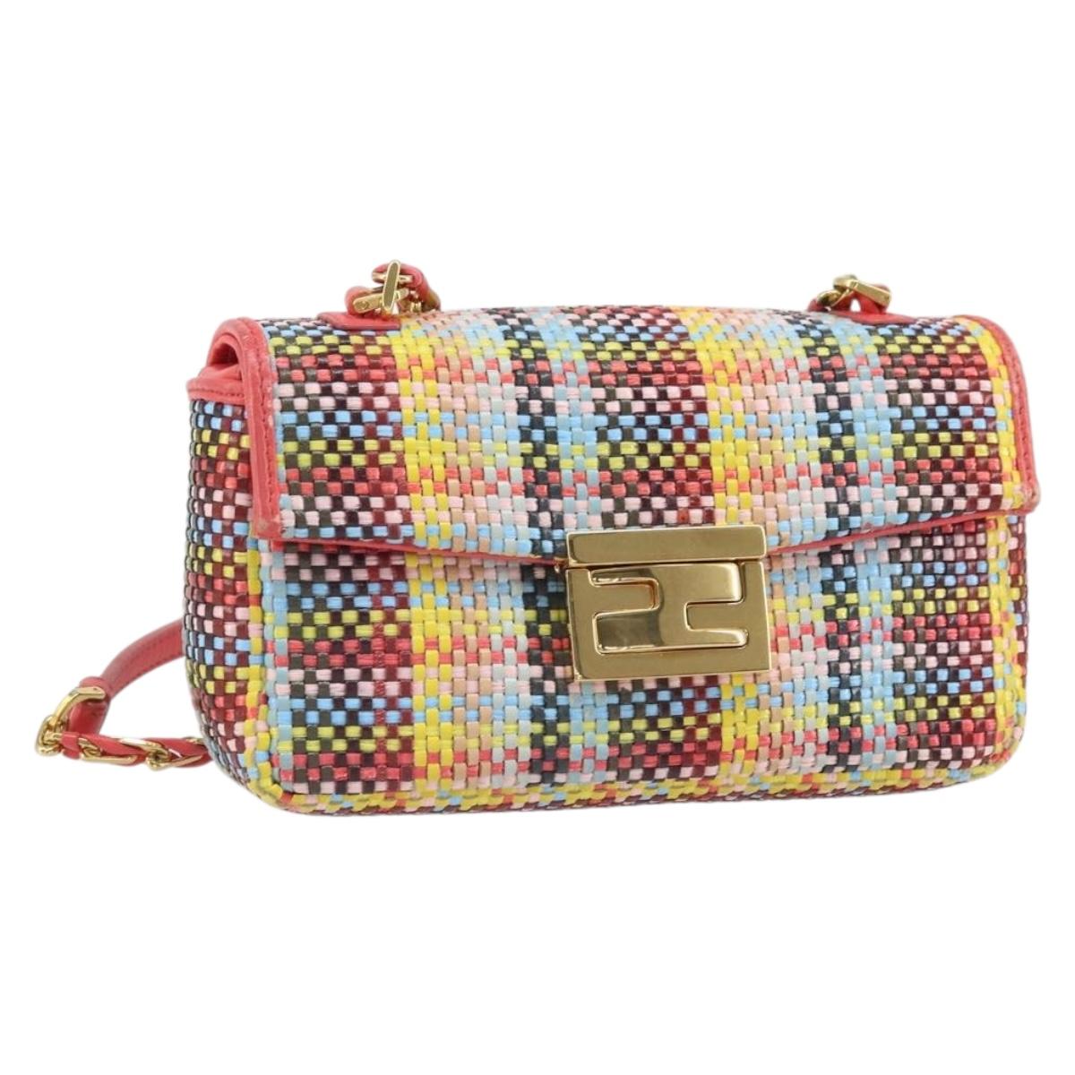 FENDI Chain Mini Bee Baguette Shoulder Bag Leather Multicolor Gold Auth 171168SAM