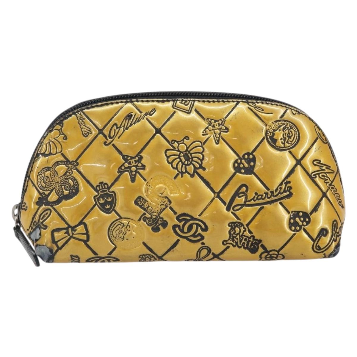 CHANEL Pouch Patent leather Black Gold Silver CC Auth 171183