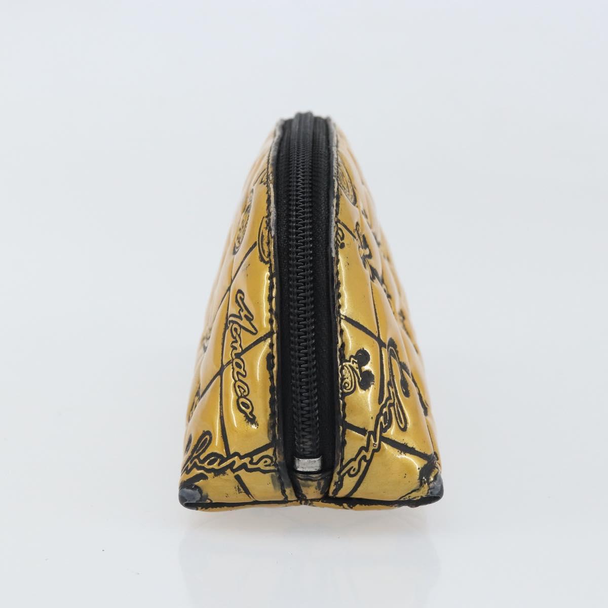 CHANEL Pouch Patent leather Black Gold Silver CC Auth 171183