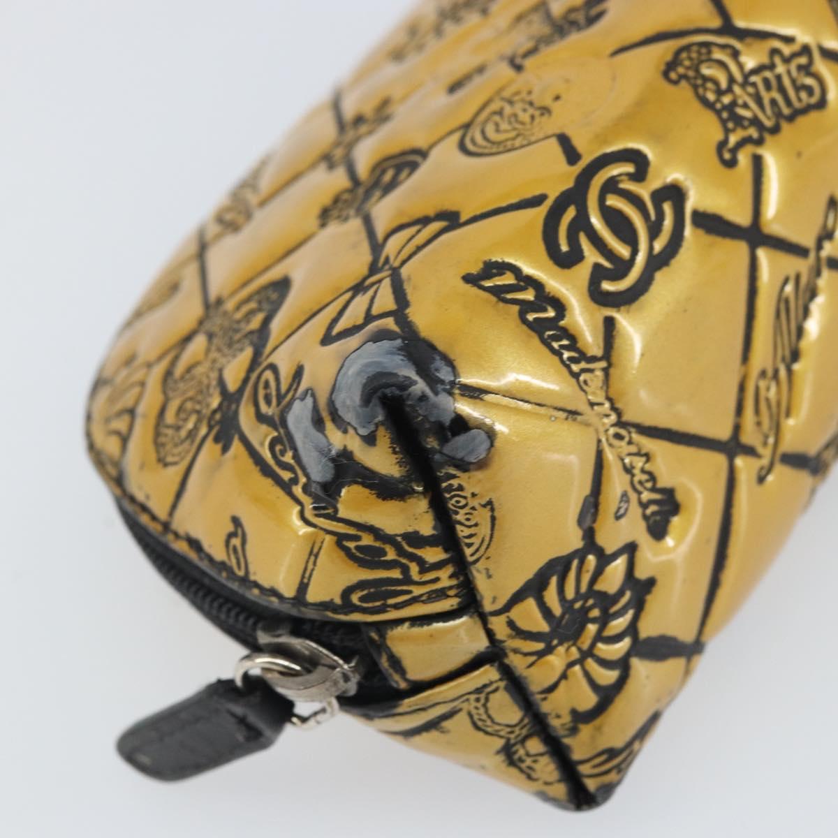 CHANEL Pouch Patent leather Black Gold Silver CC Auth 171183