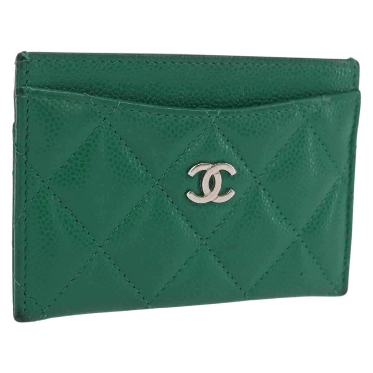 CHANEL COCO Mark Card Case Caviar Skin Green Silver CC Auth 171186V