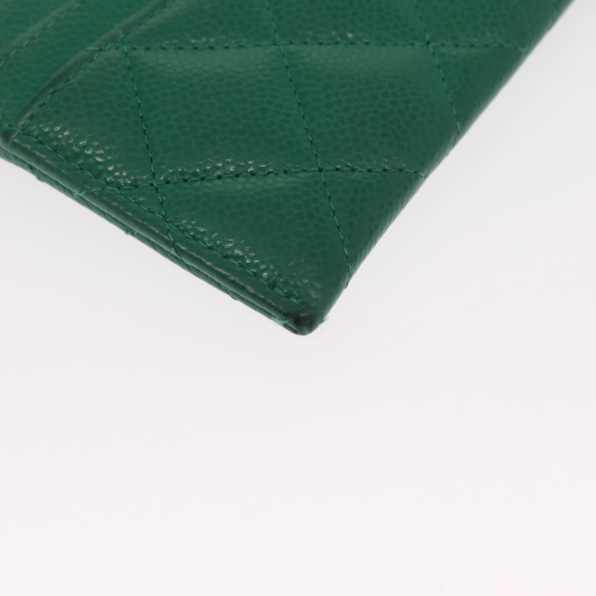 CHANEL COCO Mark Card Case Caviar Skin Green Silver CC Auth 171186V