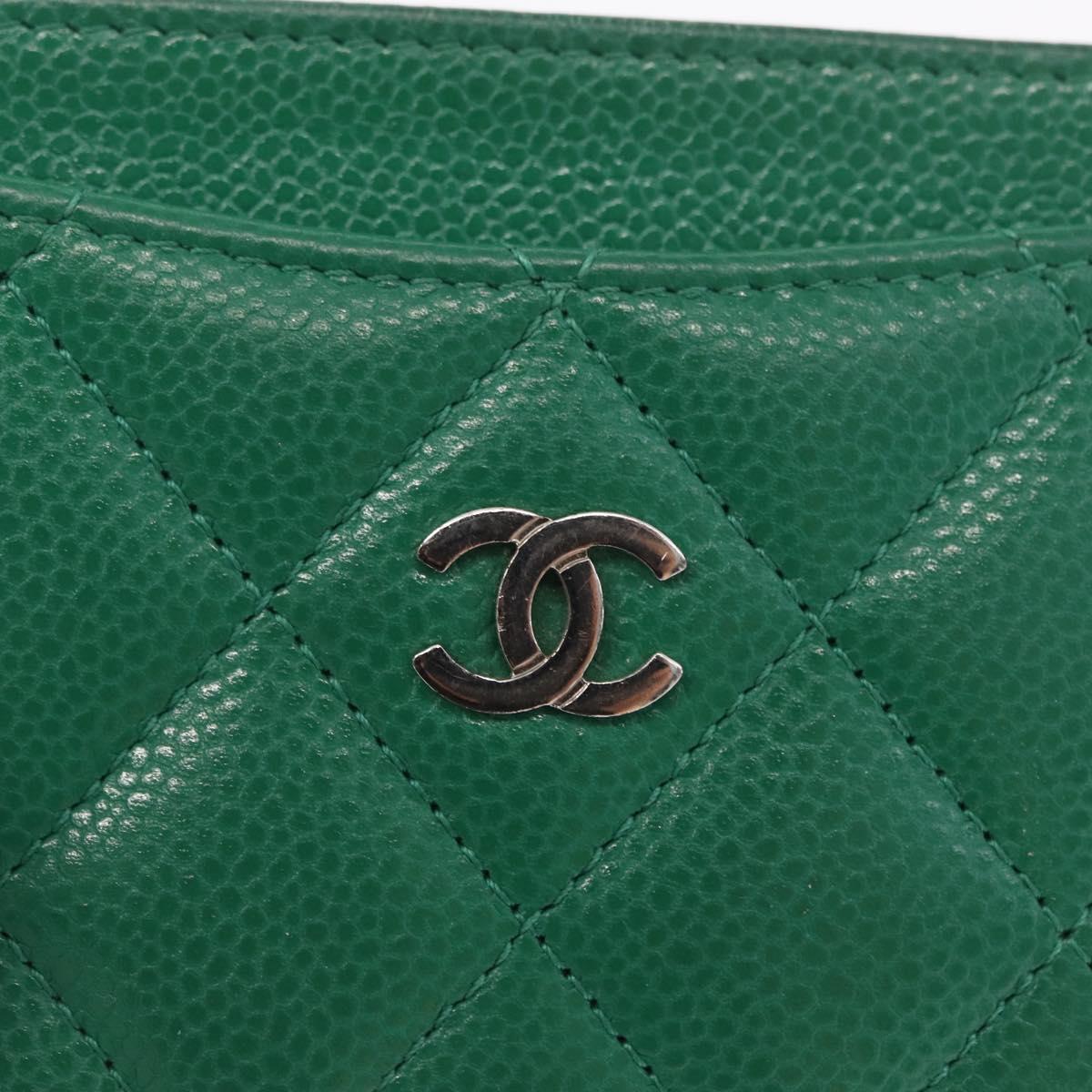 CHANEL COCO Mark Card Case Caviar Skin Green Silver CC Auth 171186V