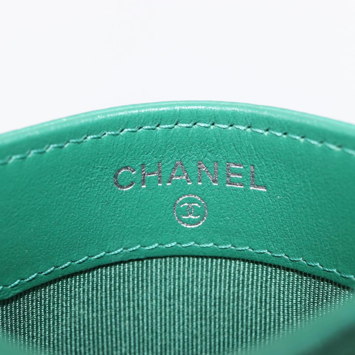 CHANEL COCO Mark Card Case Caviar Skin Green Silver CC Auth 171186V